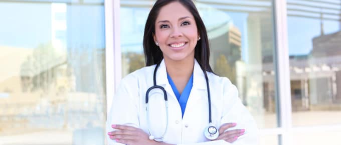 female Dr with stethoscope outside