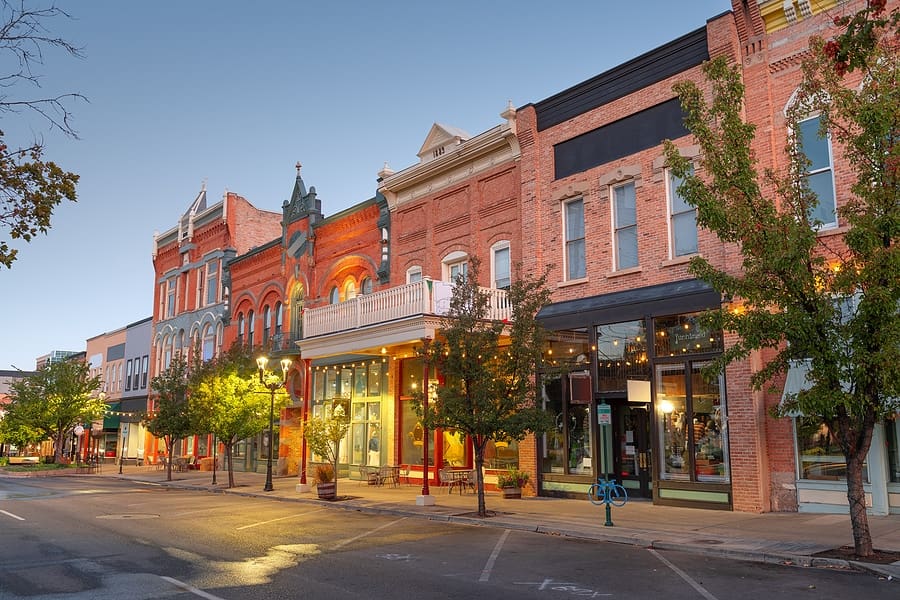 Provo, Utah, USA downtown on Center Street at dusk.