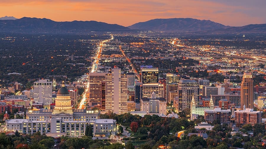 Salt Lake City, Utah, USA downtown city skyline at dusk.