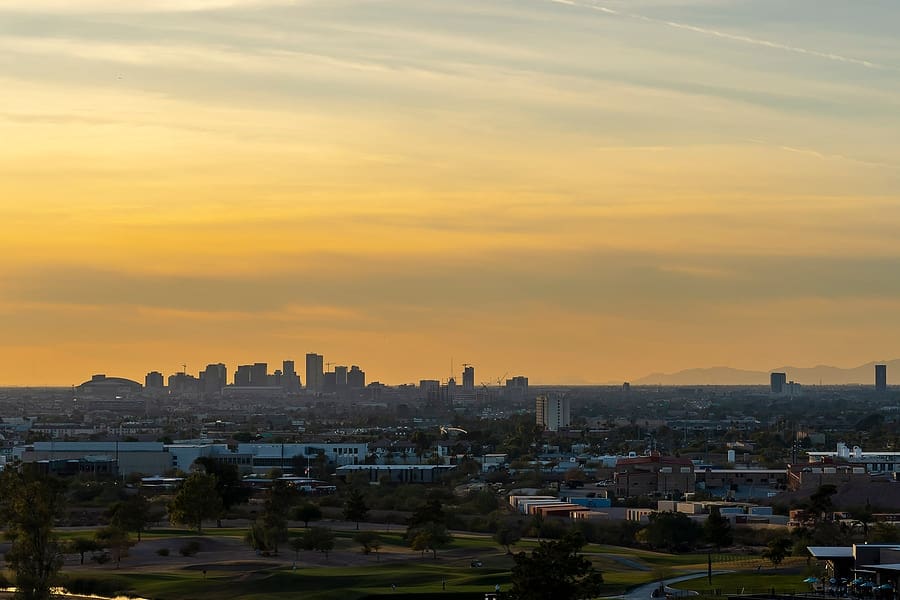 The Phoenix Arizona skyline at sunset near Papago Park