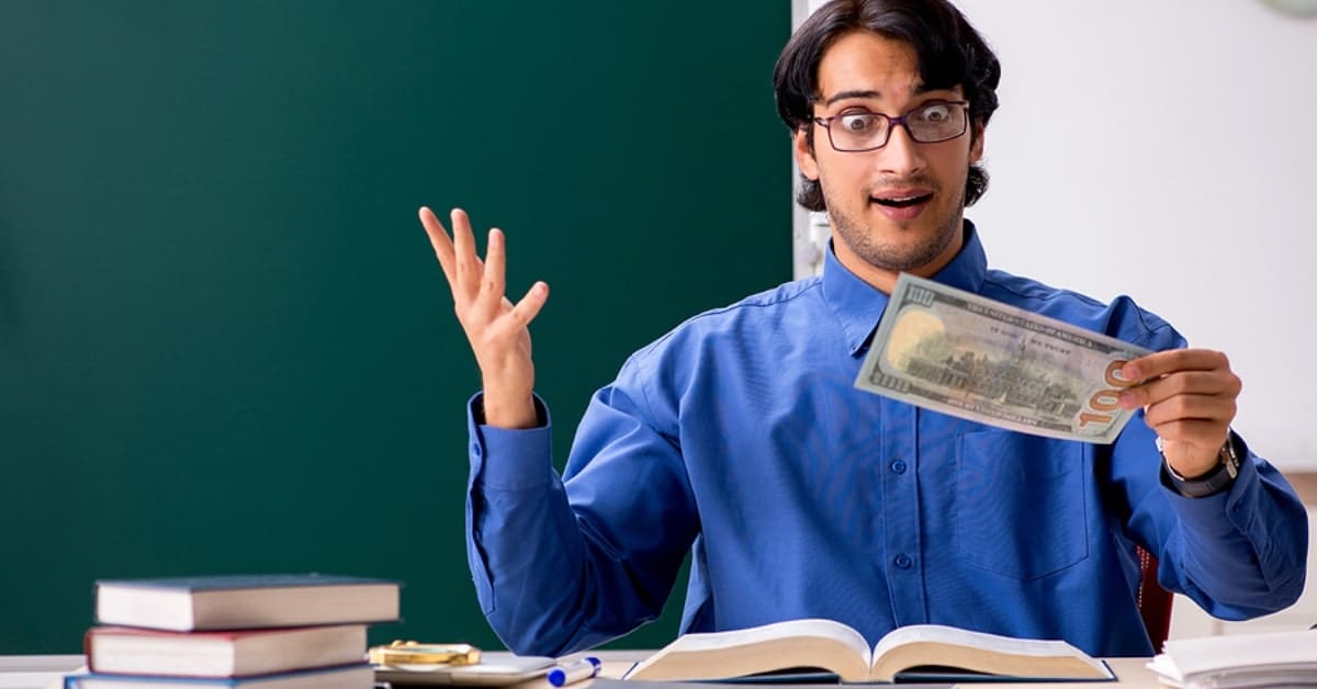 Man Posing with Face of Surprise Looking Down at One Hundred Dollar Bill