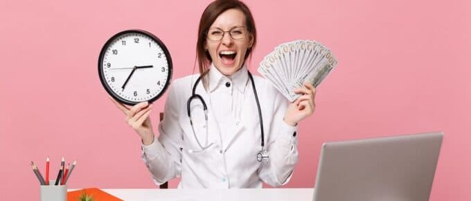 doctor in white lab coat holding cash in one hand and a clock in the other