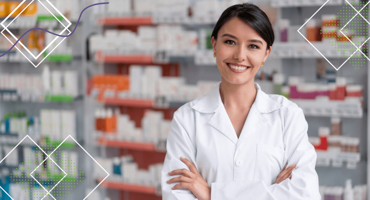 Women wearing awhite lab coat folding her arms.