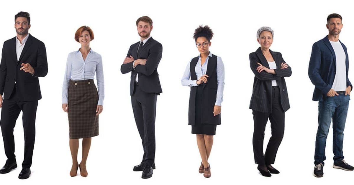 group of business professionals standing against a white background