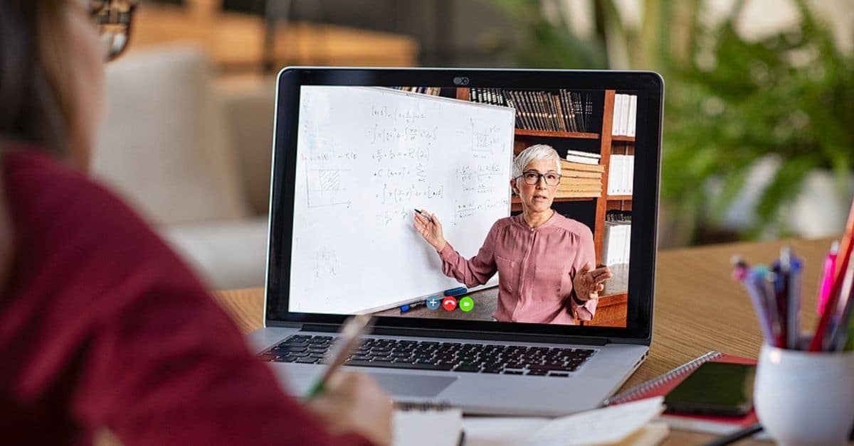 Young student watching lesson online and studying from home.