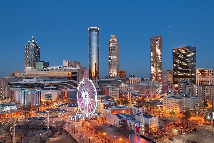 Atlanta, Georgia, USA downtown skyline at dawn.