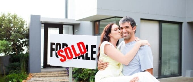 Happy young couple after new buying house