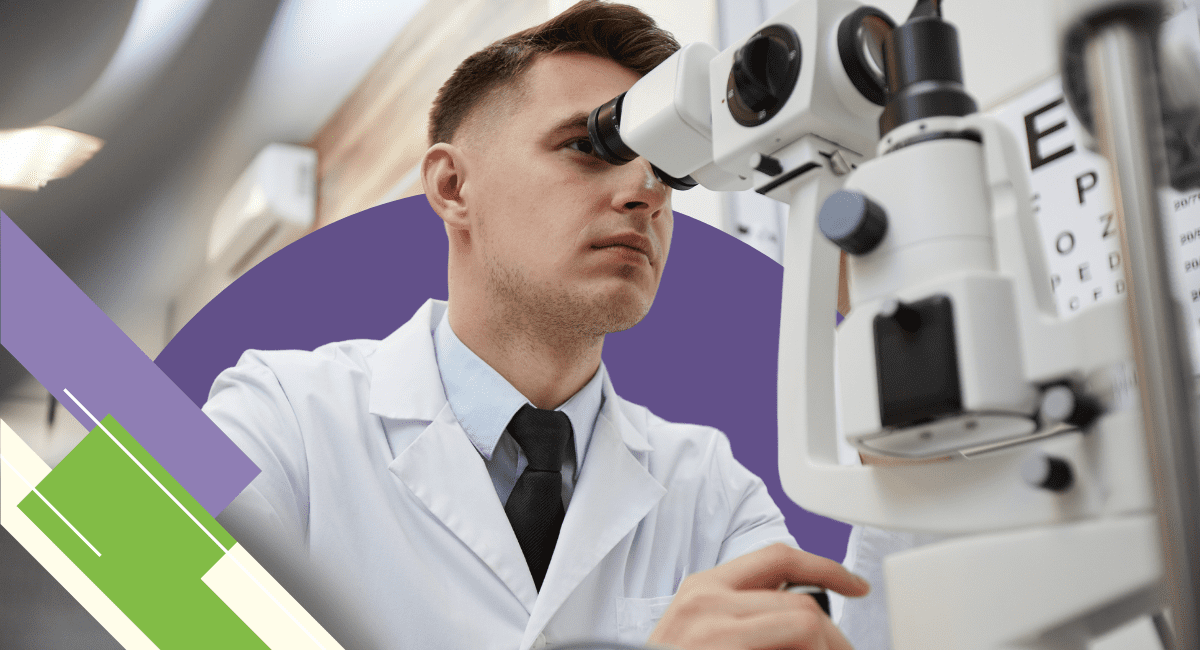 male optometrist performing an eye exam