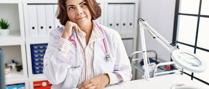 Middle age hispanic woman in doctor uniform and stethoscope at the clinic with hand on chin thinking about question