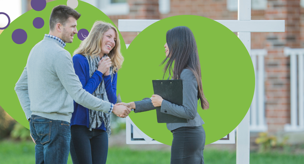 A young couple shaking hands with realtor in front of a home for sale