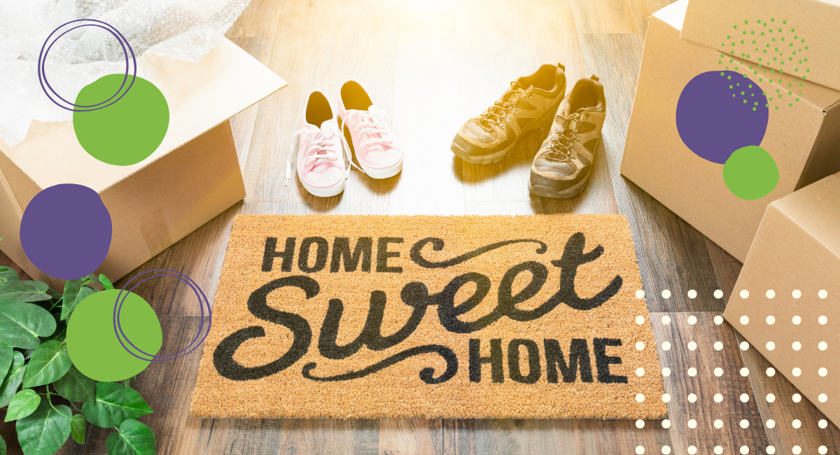 doormat that says home sweet home and two pairs of shoes and boxes around it