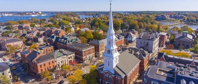 Portsmouth historic downtown aerial view at Market Square with historic buildings and North Church on Congress Street in city of Portsmouth, New Hampshire NH, USA.