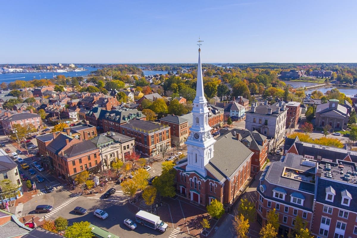 Portsmouth historic downtown aerial view at Market Square with historic buildings and North Church on Congress Street in city of Portsmouth, New Hampshire NH, USA.