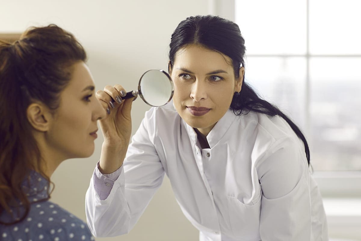Professional dermatologist holding magnifying glass and examining skin on womans face