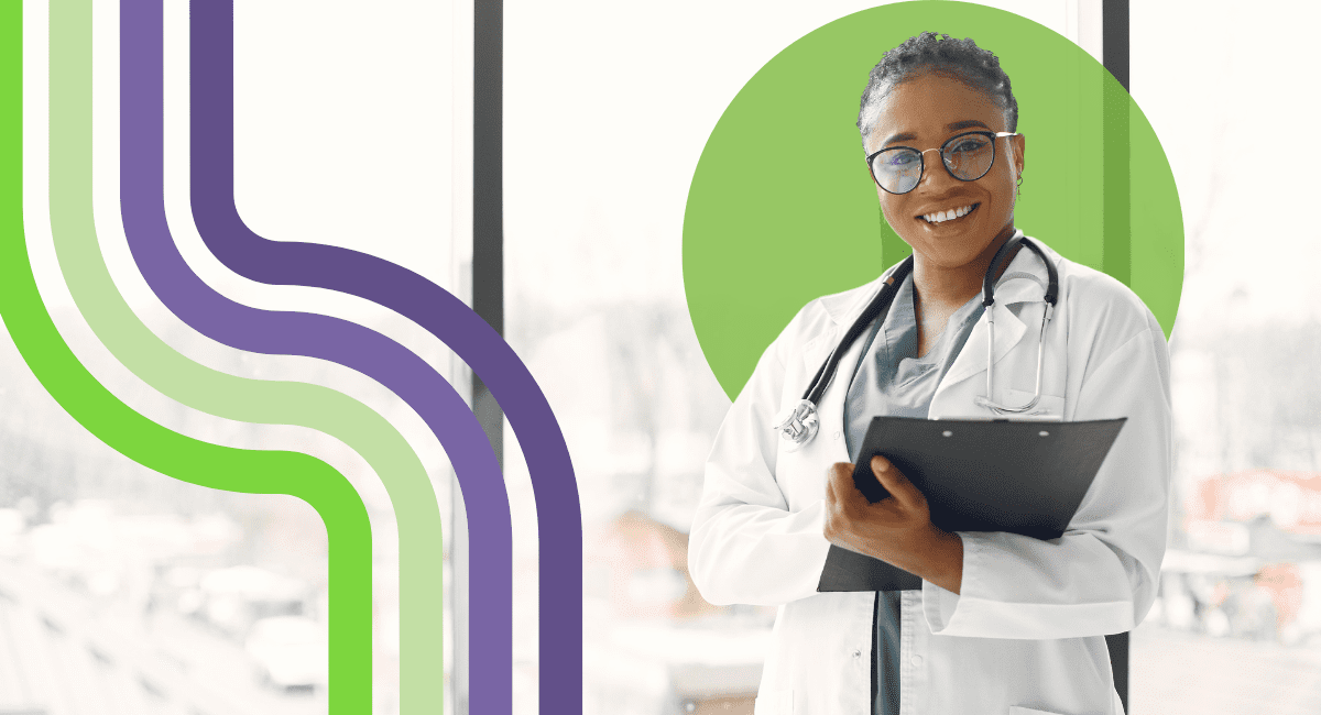 A woman physician holding a clipboard