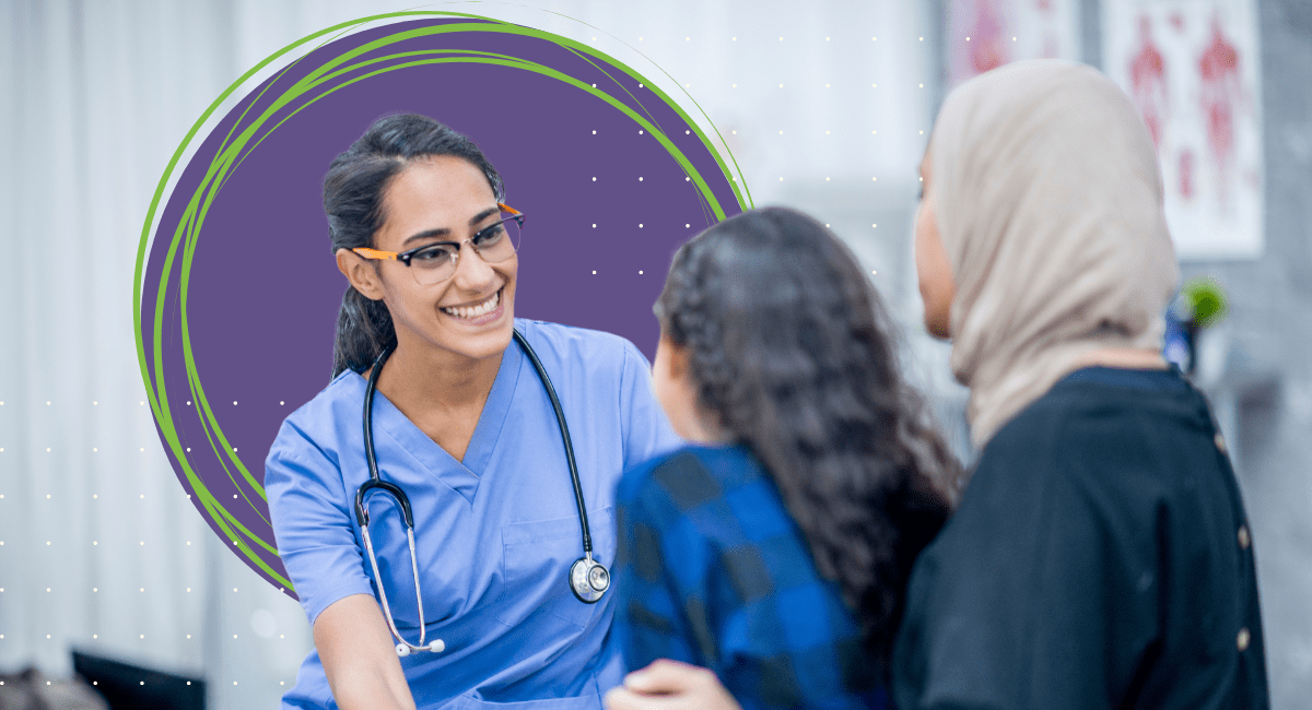 female physician talking to patients, looking content