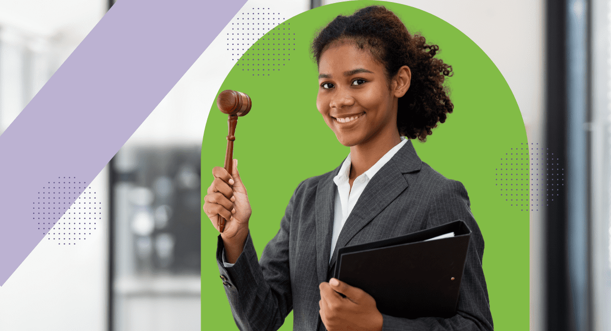A professional young woman holding a gavel