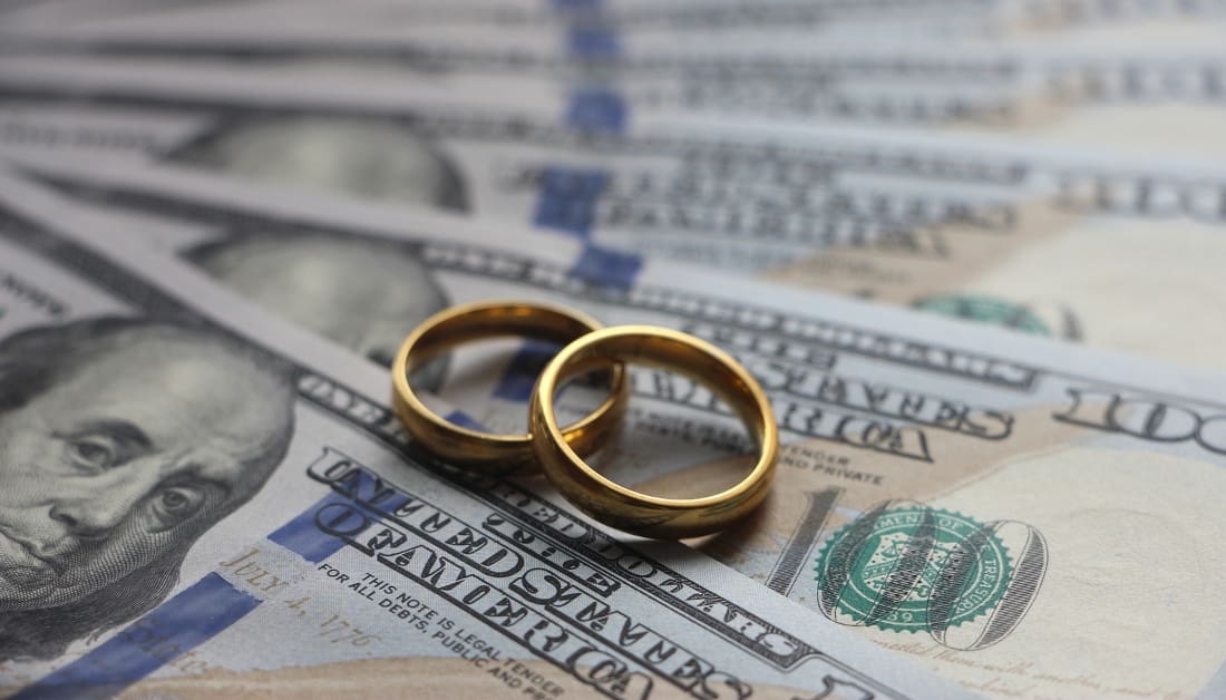 Wedding rings on the background of 100 dollars bills