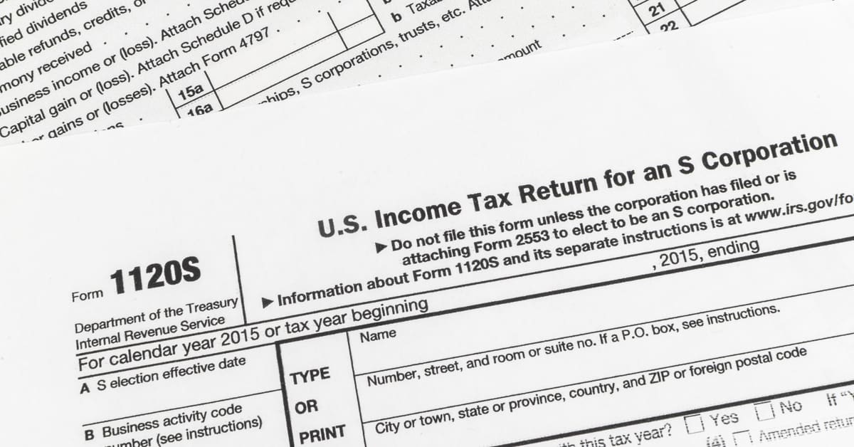 Close up shot of United States Internal Revenue Service (IRS) tax return form 1120S for small corporations also known as S-Corps.