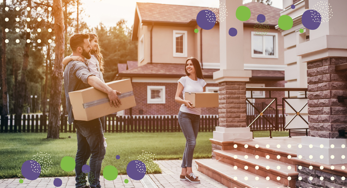 a couple with a daughter moving into their new house, carrying boxes