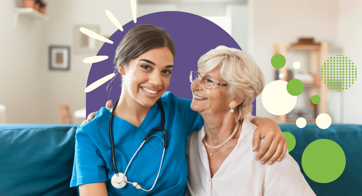 nurse and her grandmother sitting on couch together, nurse smiling and grandmother with proud expression