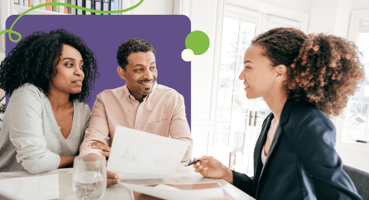 couple having discussion with female office worker, all smiling