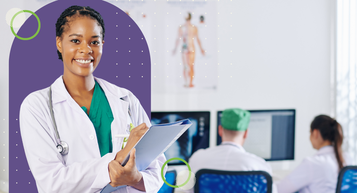 African american woman wearing a white doctor lab coat and stethoscope around her neck writing in a chart.