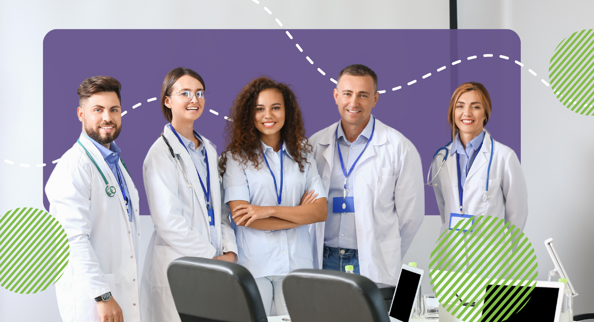 group of doctors standing together in a waiting room.